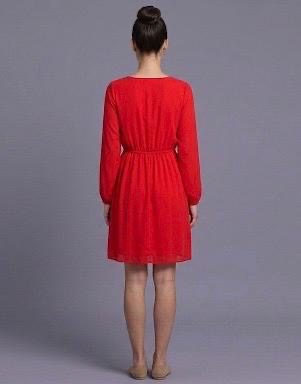 Women's Red Georgette Fit & Flare Knee-Length Dress with Lace Neckline