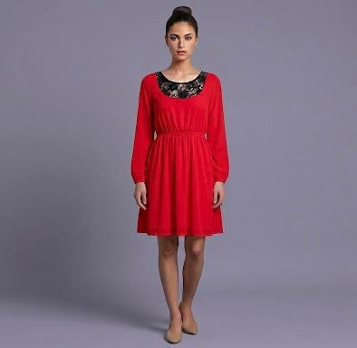 Women's Red Georgette Fit & Flare Knee-Length Dress with Lace Neckline