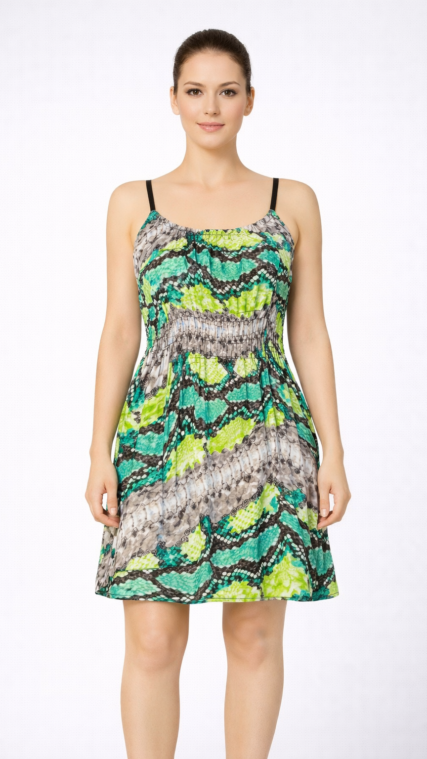 Women Green Snake Skin Print Fit and Flare Spaghetti Strap Dress