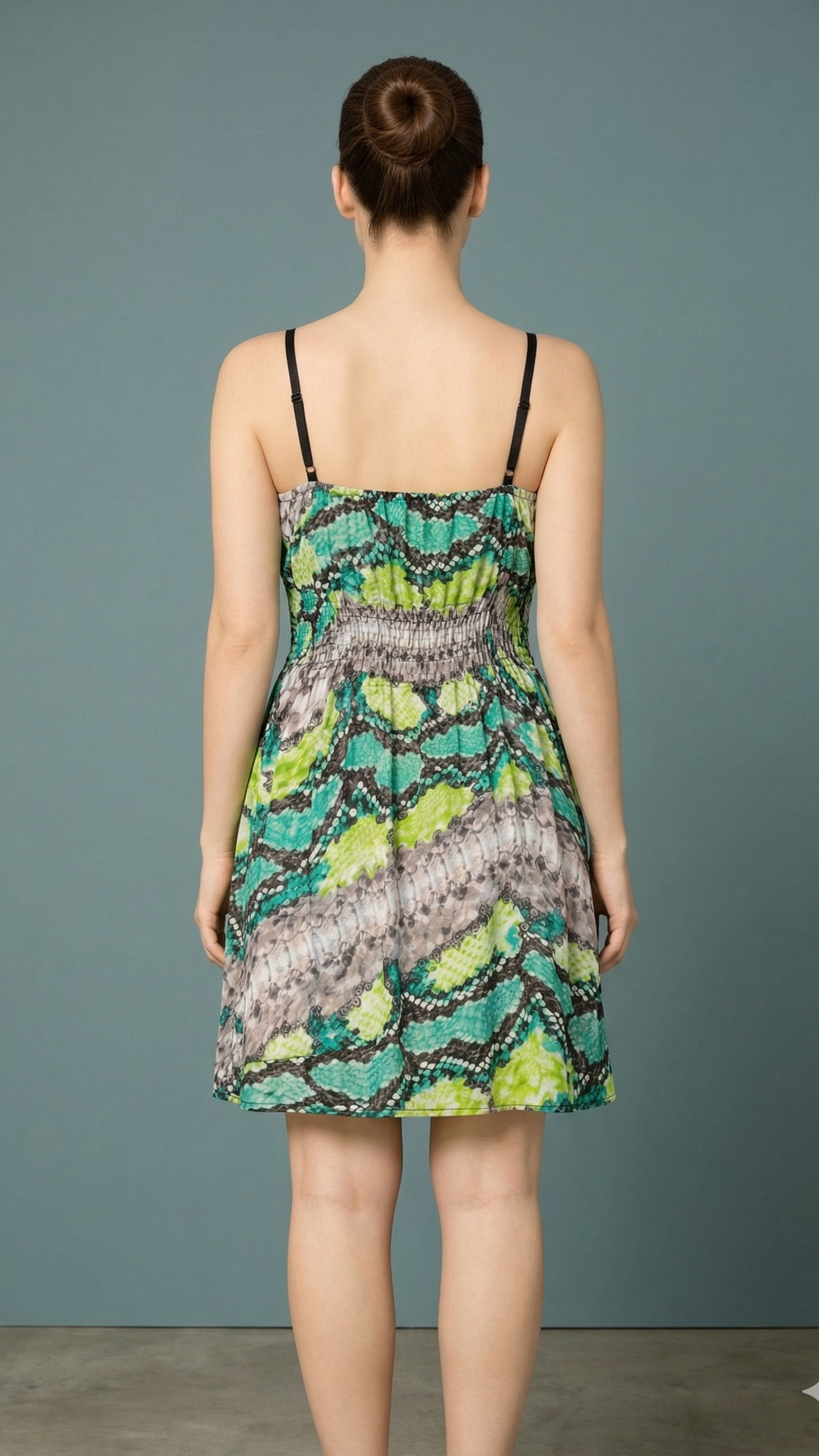 Women Green Snake Skin Print Fit and Flare Spaghetti Strap Dress