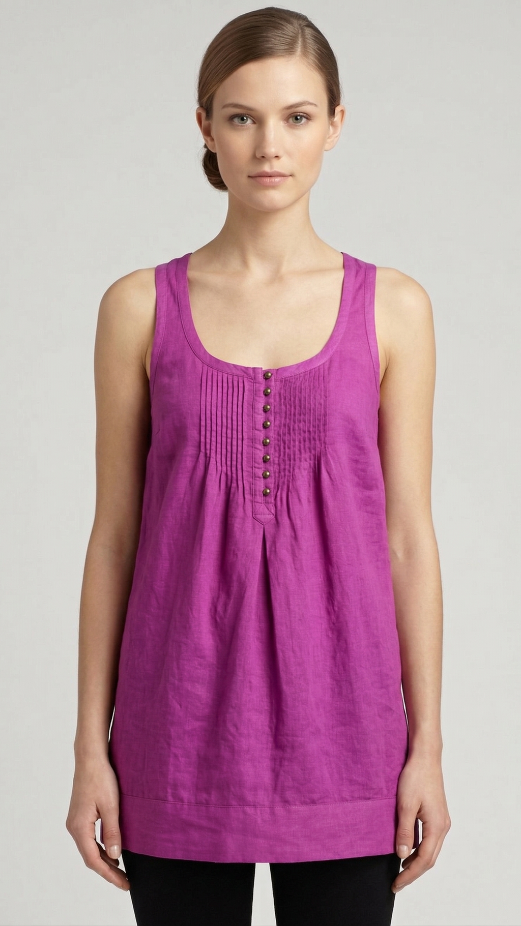 Women Purple Solid Cotton Sleeveless Pintuck Tunic Top