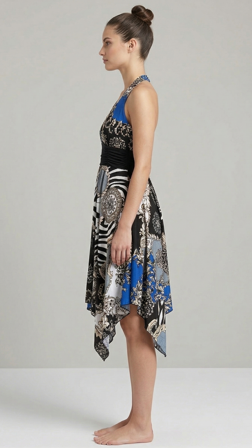 Women Multi-Color Printed Halter Neck Handkerchief Hem Dress