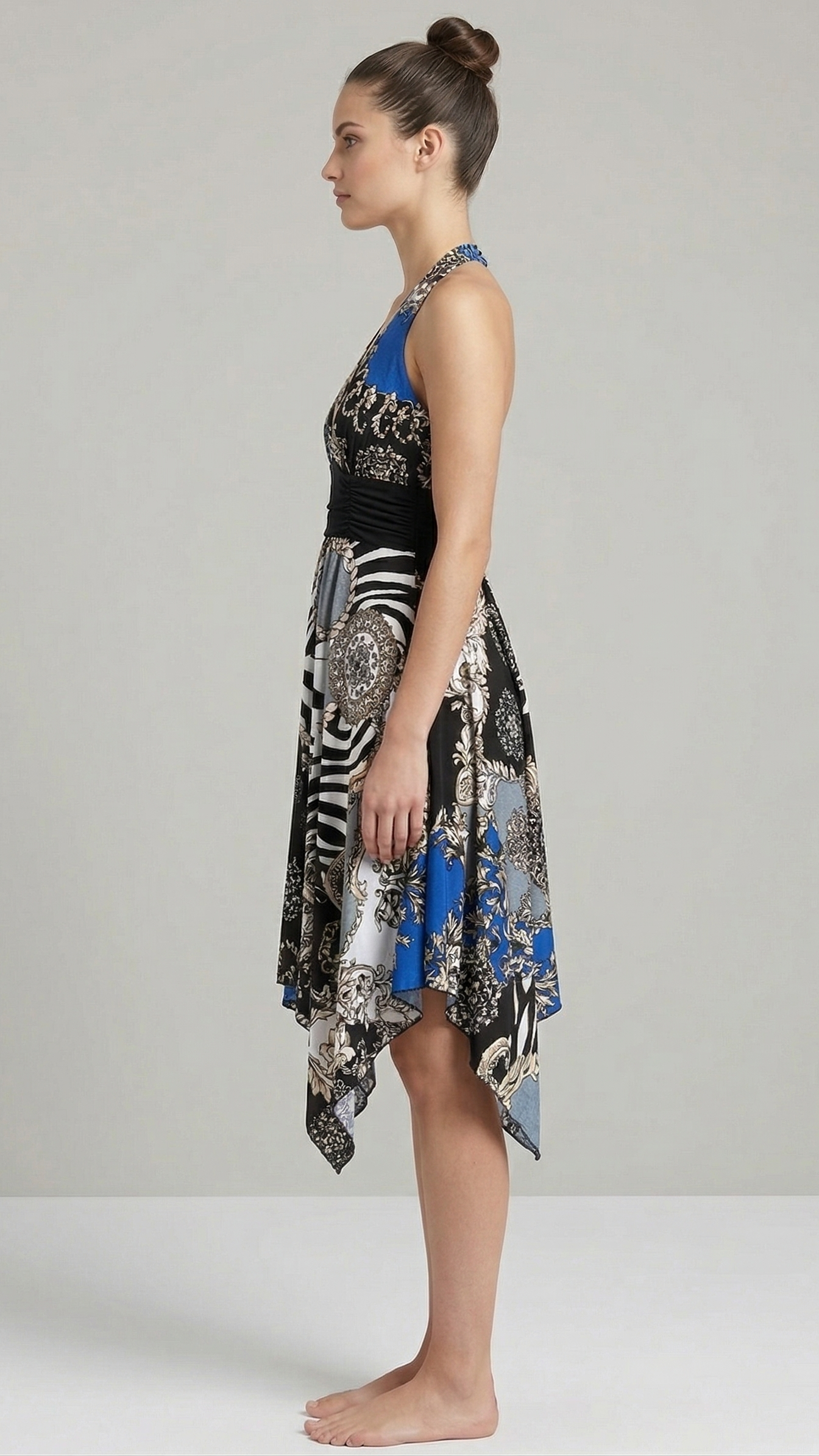 Women Multi-Color Printed Halter Neck Handkerchief Hem Dress