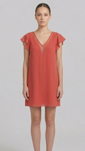 Women Rust Orange Georgette V-Neck A-Line Dress with Flutter Sleeves