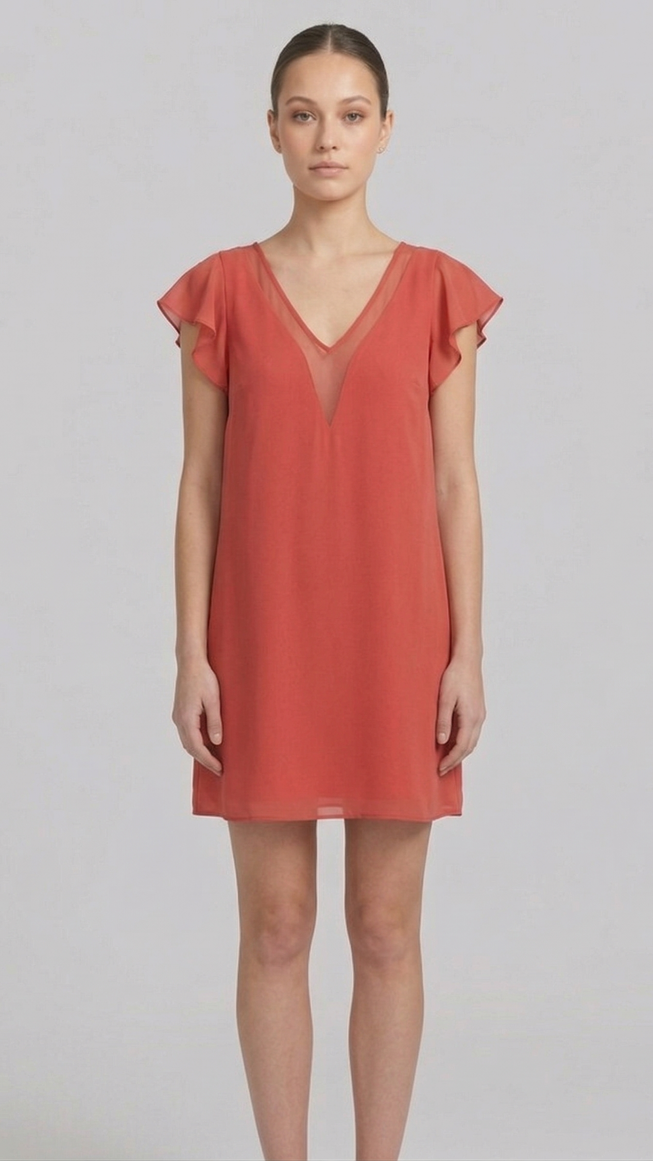 Women Rust Orange Georgette V-Neck A-Line Dress with Flutter Sleeves