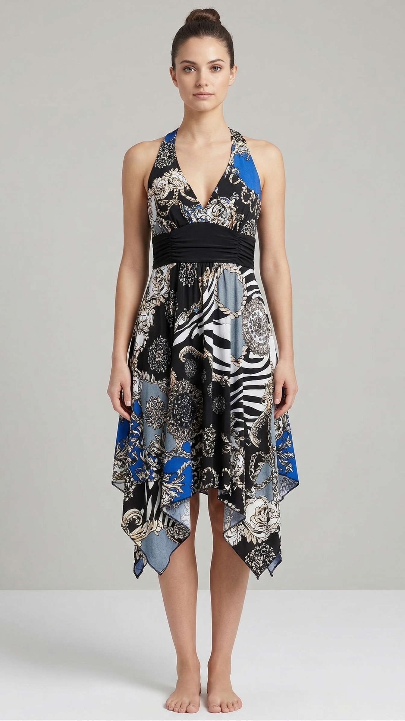 Women Multi-Color Printed Halter Neck Handkerchief Hem Dress
