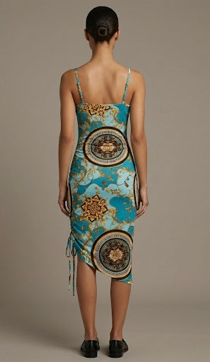 Women Turquoise Blue & Gold Baroque Print Bodycon Midi Dress