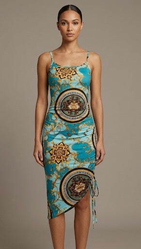 Women Turquoise Blue & Gold Baroque Print Bodycon Midi Dress