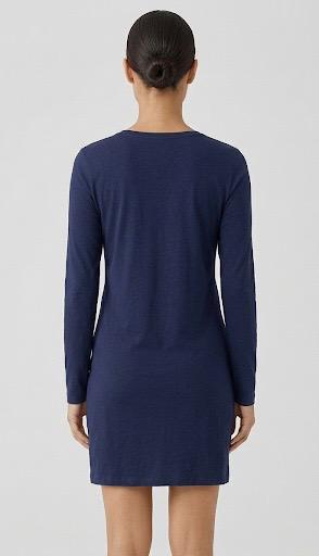 Women Solid Navy Blue V-Neck Full Sleeve T-shirt Dress