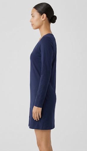 Women Solid Navy Blue V-Neck Full Sleeve T-shirt Dress