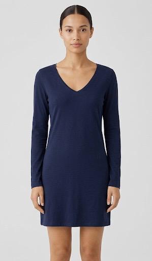 Women Solid Navy Blue V-Neck Full Sleeve T-shirt Dress