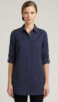 Women Navy Blue Polka Dot Cotton Tunics Longline Casual Shirt