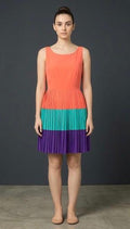 Women Colorblock Pleated Sleeveless A-Line Dress