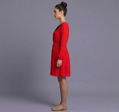 Women's Red Georgette Fit & Flare Knee-Length Dress with Lace Neckline