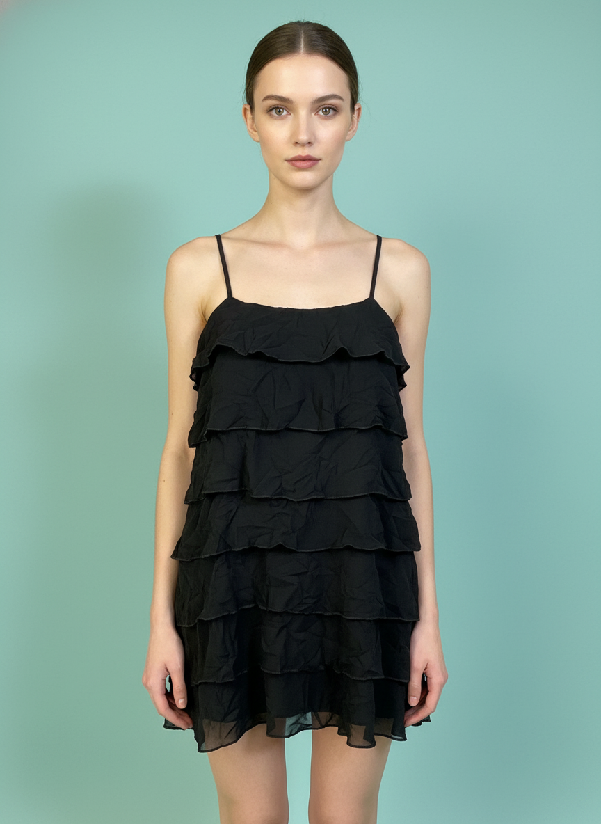 Women Black Solid Tiered Ruffle Georgette Spaghetti Strap Dress