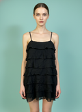 Women Black Solid Tiered Ruffle Georgette Spaghetti Strap Dress