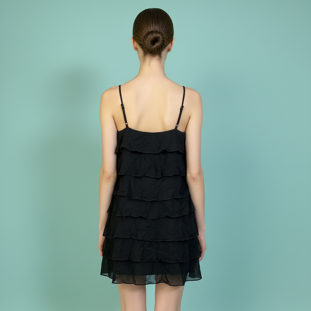 Women Black Solid Tiered Ruffle Georgette Spaghetti Strap Dress