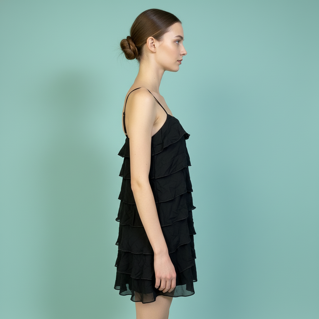 Women Black Solid Tiered Ruffle Georgette Spaghetti Strap Dress